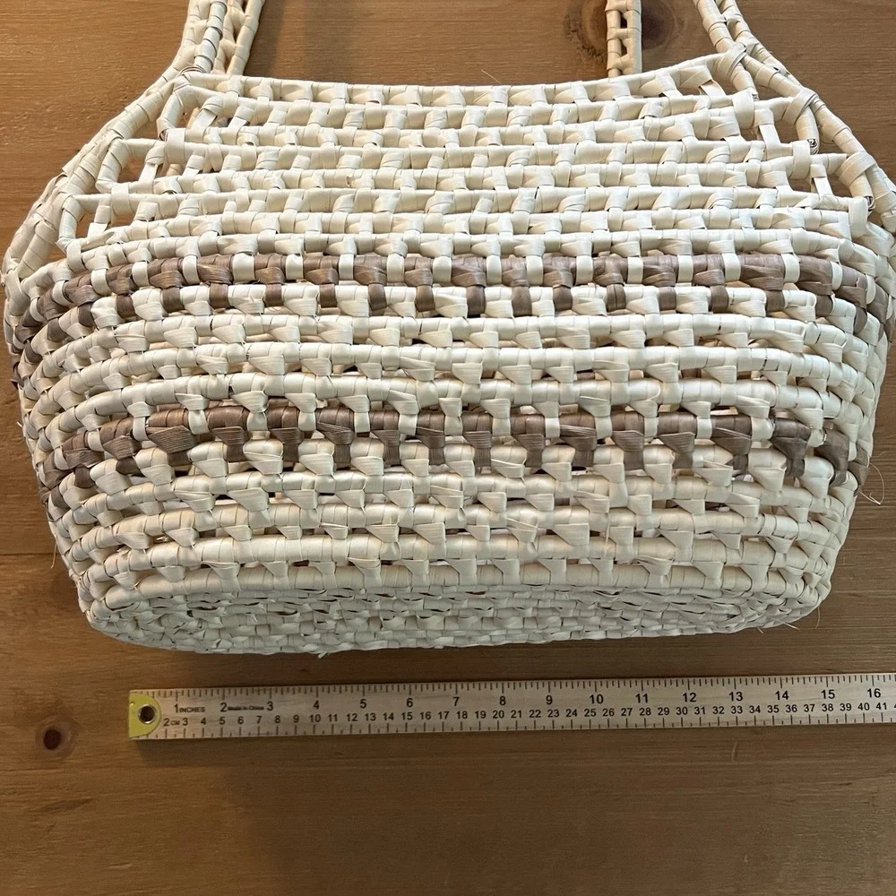Woven Basket Shoulder Bag Cream Brown Boho Coastal Summer Tote Purse